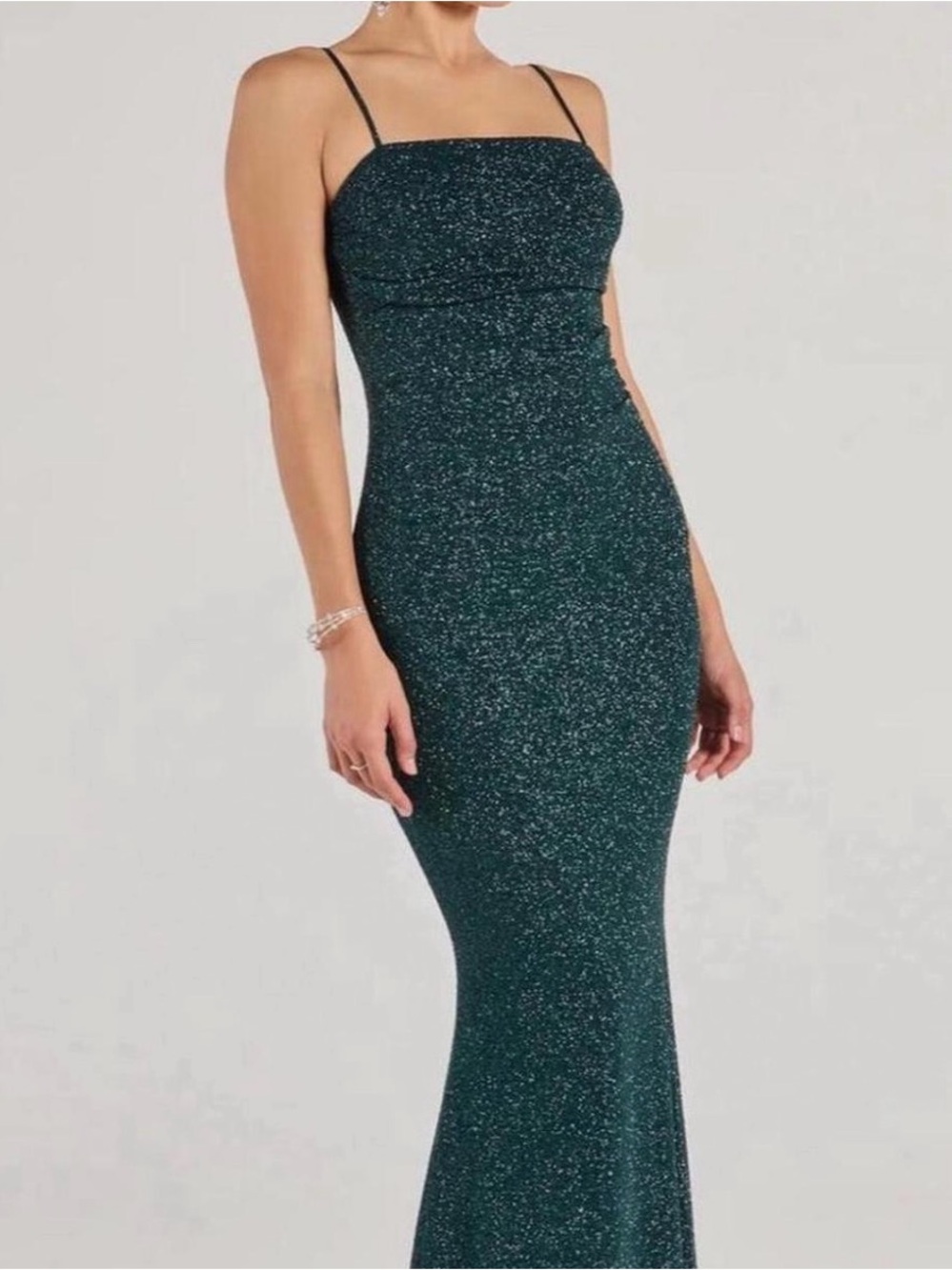 Sparkle Teal Glitter Spaghetti-Strap Prom Gown